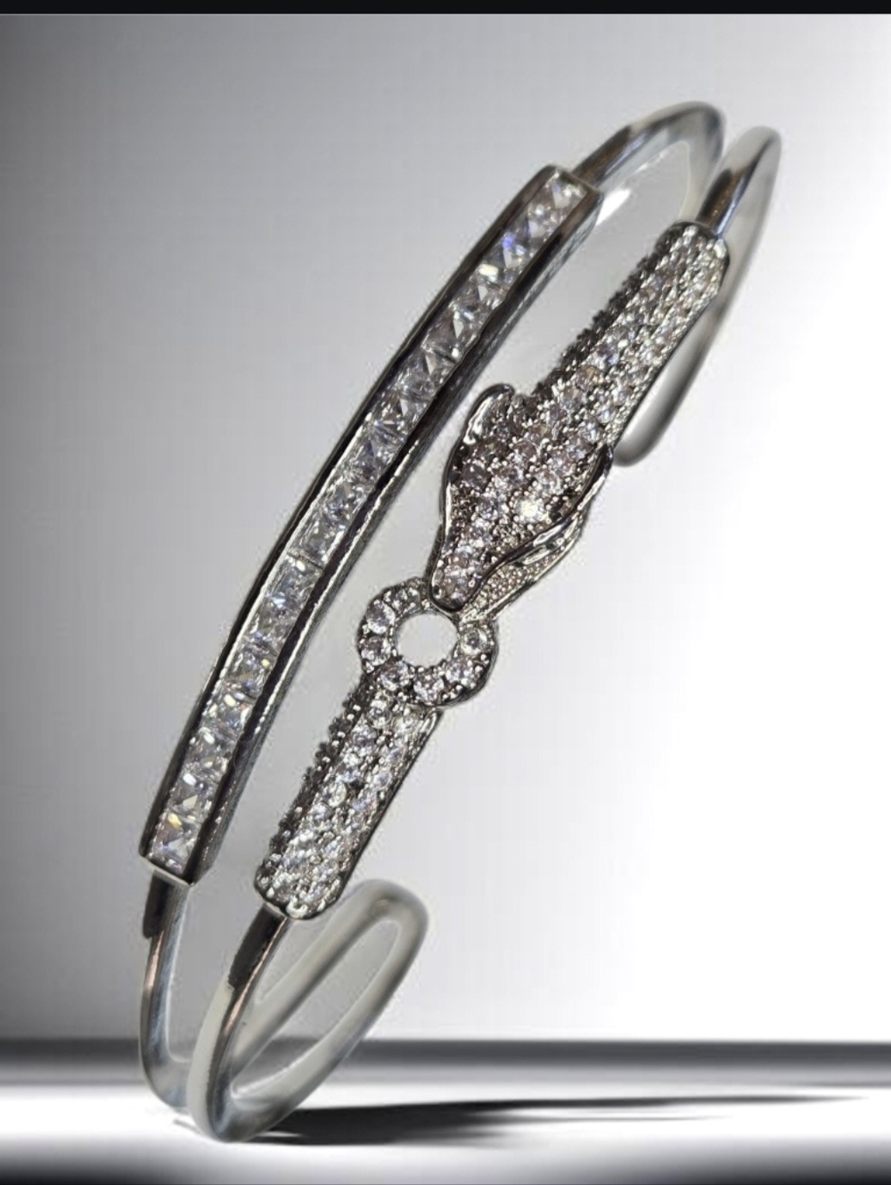 Luxury Silver Plated Panther Pave Zircon Crystal Bangle Cuff Bracelet